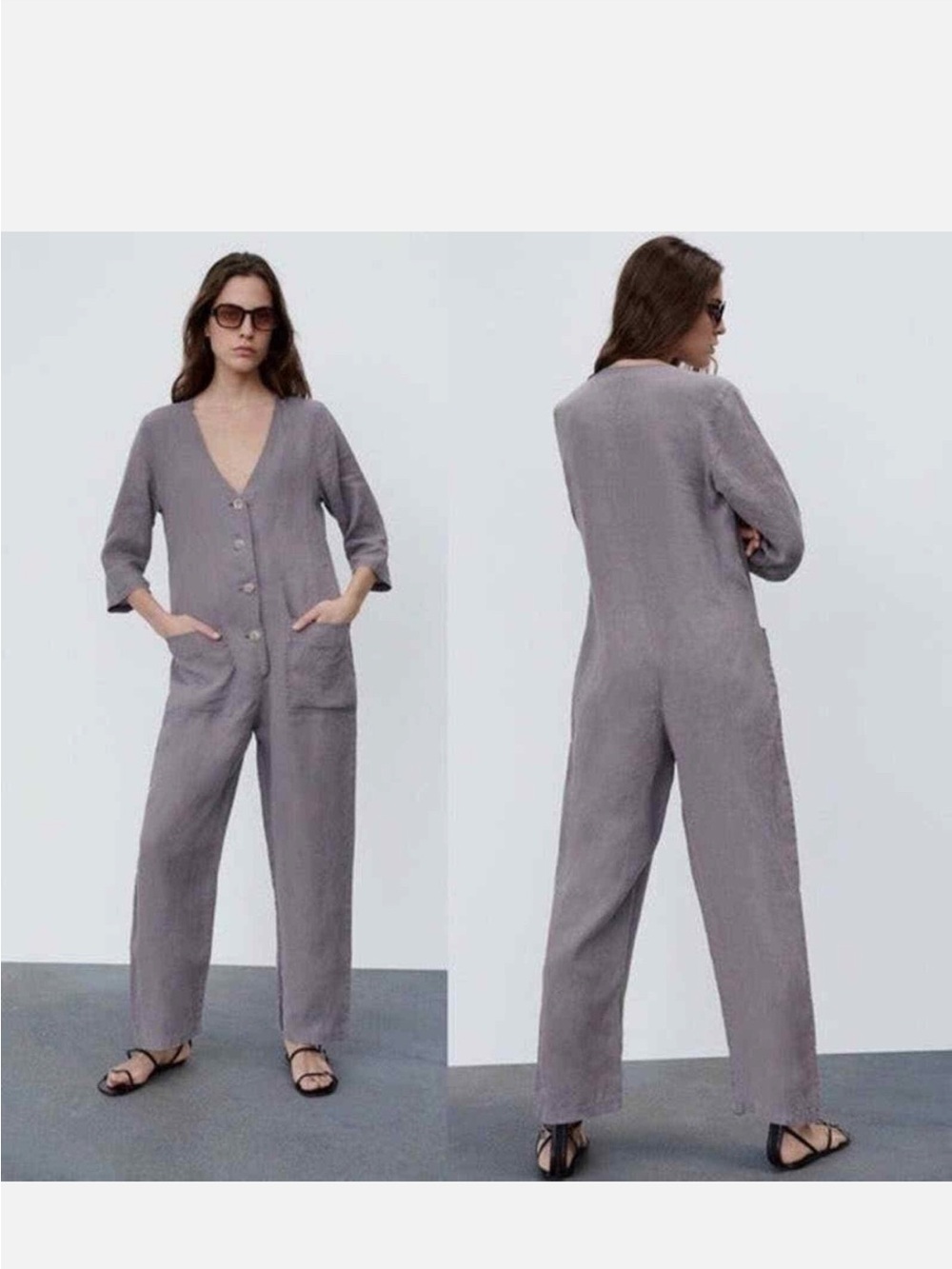 Zara Gray Button Front V-Neck Linen Jumpsuit
